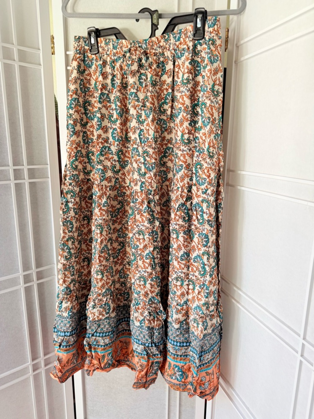 Allegra K Cream Maxi Skirt with Teal and Rust Floral Print